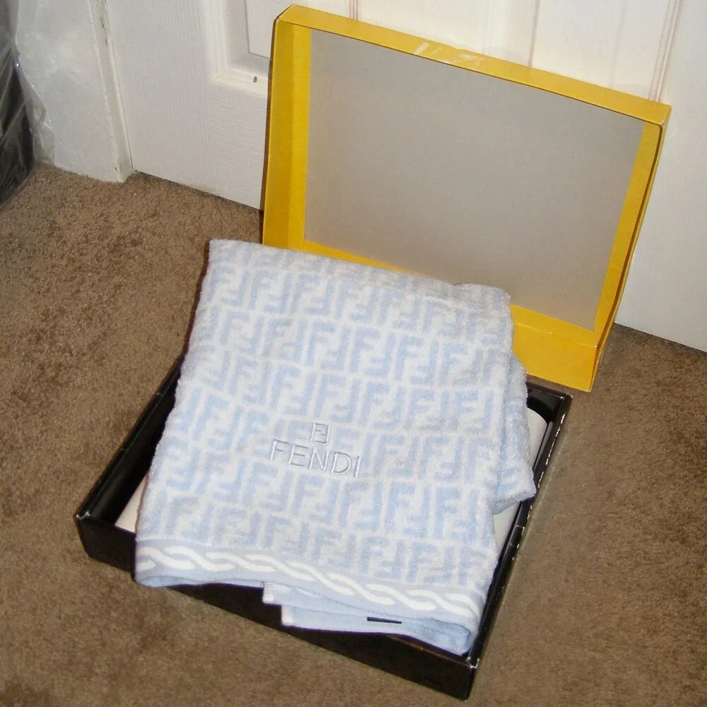 NEW FENDI Bath Towel 100% Cotton Light Blue Zucca in Box Giftable